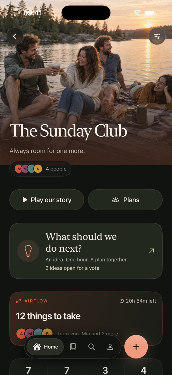 OurFlow crew screen showing shared memories and plans