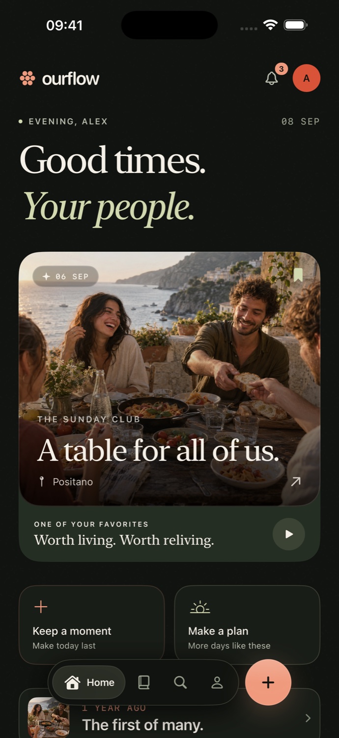 OurFlow home screen with a shared dinner memory