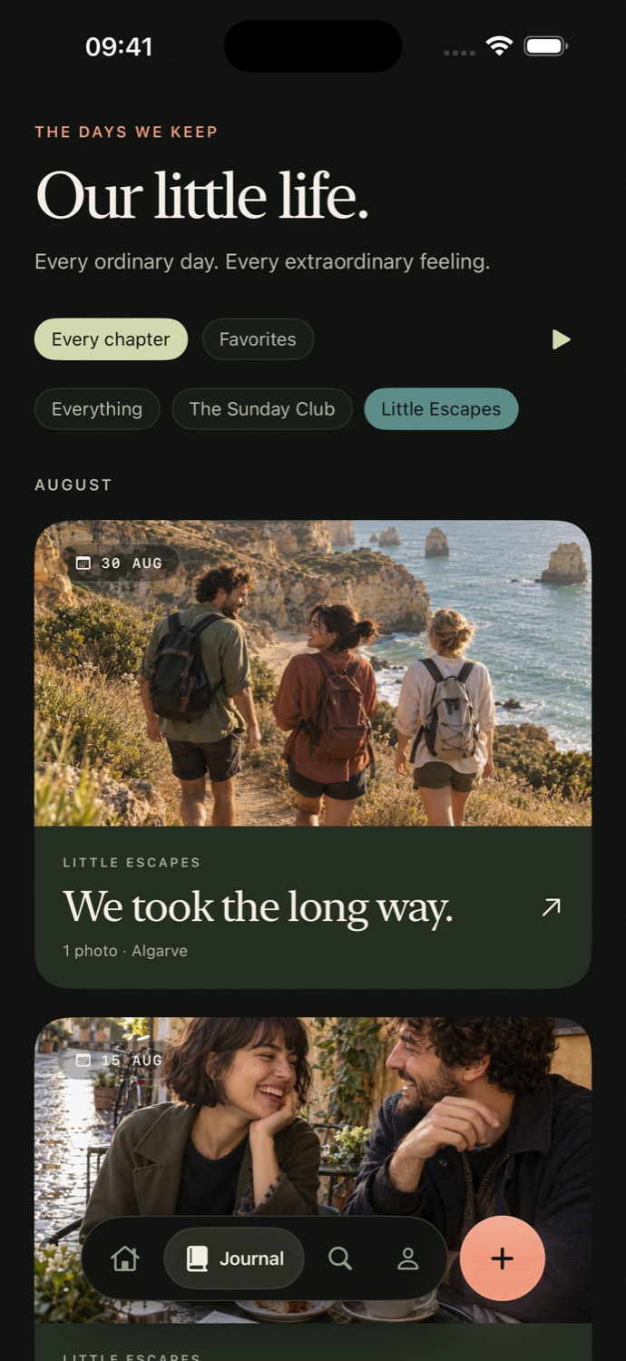 OurFlow journal screen organizing memories by day